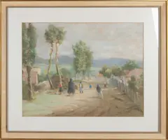 Lajos Tscheligi, Dorpsgezicht met figuren, Pastel op papier