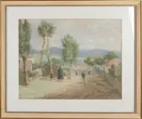 Lajos Tscheligi, Dorpsgezicht met figuren, Pastel op papier