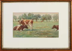 A. Verbeek, Landschap met koeien, Aquarel op papier