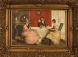 Onduid. gesig., Interieur met thee-drinkend gezelschap, Olieverf op board