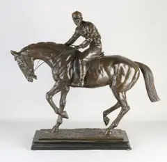 Groot bronzen figuur, Paard met jockey