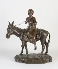 Antiek Frans bronzen figuur, Dame op ezel