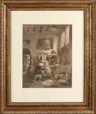 Johannes Anthonie Balthasar Stroebel, Interieur met figuren en gejaagd wild, Aquarel op papier