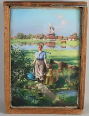 Johan Miedema, Hollands melkmeisje bij zonnig dorp, Olieverf op tegel