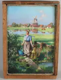 Johan Miedema, Hollands melkmeisje bij zonnig dorp, Olieverf op tegel