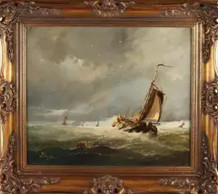 J. Vrolijk, Urker platbodem op volle zee, Olieverf op paneel