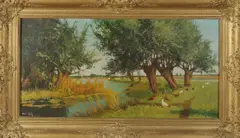 Elize Caus? Circa, Riviergezicht met knotwilgen, Olieverf op linnen
