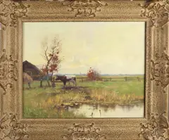 H. Poeder, Hollands landschap met koe bij schuur, Olieverf op linnen