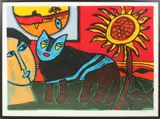 Guillaume Corneille, Vrouw met kat, 1998, Grote lithografie van vrouw met kat