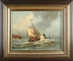 J. Holmer, Platbodem op volle zee, Olieverf op linnen