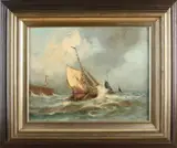 J. Holmer, Platbodem op volle zee, Olieverf op linnen