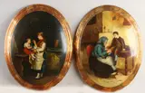 Twee ovale schilderijen, Interieur met figuren, Olieverf op paneel
