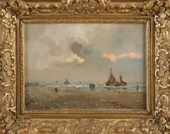 Johan van Wissen, Bomschuiten op strand, Olieverf op linnen