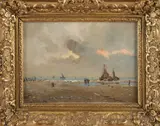 Johan van Wissen, Bomschuiten op strand, Olieverf op linnen