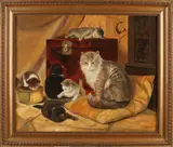 B. Rijnders, Stilleven, moederpoes met kittens, Olieverf op linnen