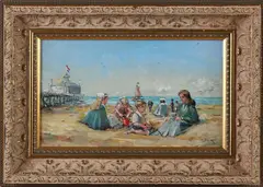 T. van Asten, Strand Scheveningen, Olieverf op paneel