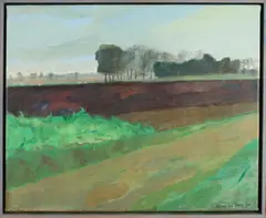 Clara de Jong, Landschap met koeien, Olieverf op linnen