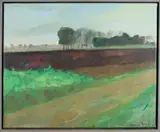 Clara de Jong, Landschap met koeien, Olieverf op linnen