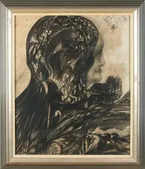Onduid. gesig., Art Deco dames portret, 1937, Houtskool op papier