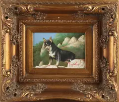J. Bricher, Hond op rotsen, Olieverf op paneel