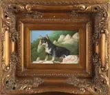 J. Bricher, Hond op rotsen, Olieverf op paneel