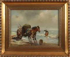 B.W. de Bruyn, Schelpenvisser op strand, Olieverf op paneel
