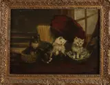 Stilleven met kittens by Onduid. gesig., Olieverf op linnen, sold Jan 2022