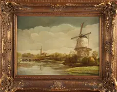 Arn. F., Watermolen in landschap, Olieverf op linnen