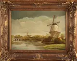 Arn. F., Watermolen in landschap, Olieverf op linnen