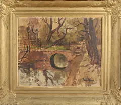 Frans Hoos, Parkgezicht met gracht, Olieverf op paneel