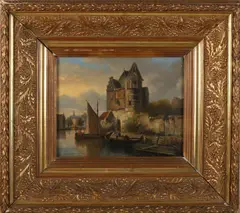 W.F. Springer, Havengezicht met boten en figuren, Olieverf op paneel