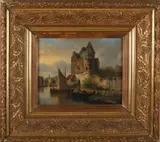 W.F. Springer, Havengezicht met boten en figuren, Olieverf op paneel