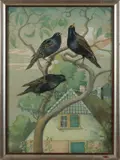 Sam Schellink, Drie lijsters in boom, Gouache op papier
