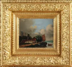 Riviergezicht met kasteel by Hollandse School, Olieverf op paneel, sold Jan 2022