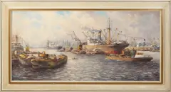 M. de Jongh, Rotterdams havengezicht, Olieverf op linnen