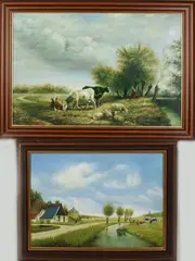 2x Onduid. gesign., Landschap met vee, Olieverf op linnen