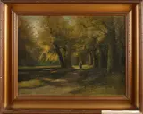 Bosgezicht met wandelaar by Onduid. gesig., Olieverf op schilderskarton, sold Jan 2022