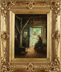 Jacques Cornelis Snoeck, Handwerkende boerin, Olieverf op paneel