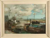 H. Houssart, Rivier met woonboten, Olieverf op linnen
