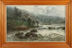 Hippolyte van Soom, Landschap met boerin en rivier, Olieverf op linnen
