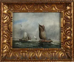Platbodems op zee by Hollandse School, Olieverf op paneel, sold Jan 2022