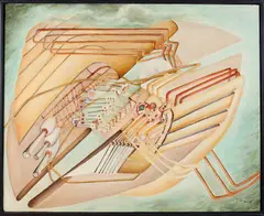 Surrealistische voorstelling by Feike Sijbrandt, Olieverf op paneel, sold Jan 2022