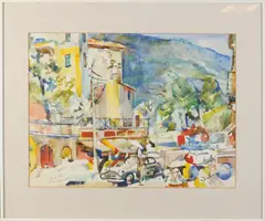 Erasmus Bernard van Dulmen Krumpelman, Stadsgezicht met oldtimer en figuur, Aquarel op papier