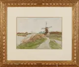 J.H. Weissenbruch, Hollands riviergezicht met windmolens, Aquarel op papier