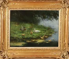 Constant Artz, Eendenfamilie langs waterkant, Olieverf op paneel