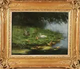 Constant Artz, Eendenfamilie langs waterkant, Olieverf op paneel