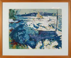 Jan Altink, havengezicht met boten, Gouache op papier