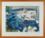 Jan Altink, havengezicht met boten, Gouache op papier