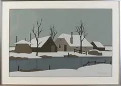Klaas Bernink, Besneeuwd landschap met boerderij, Lithografie op papier