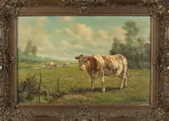 Jaap Nefkens, Hollands landschap met koeien, Olieverf op linnen